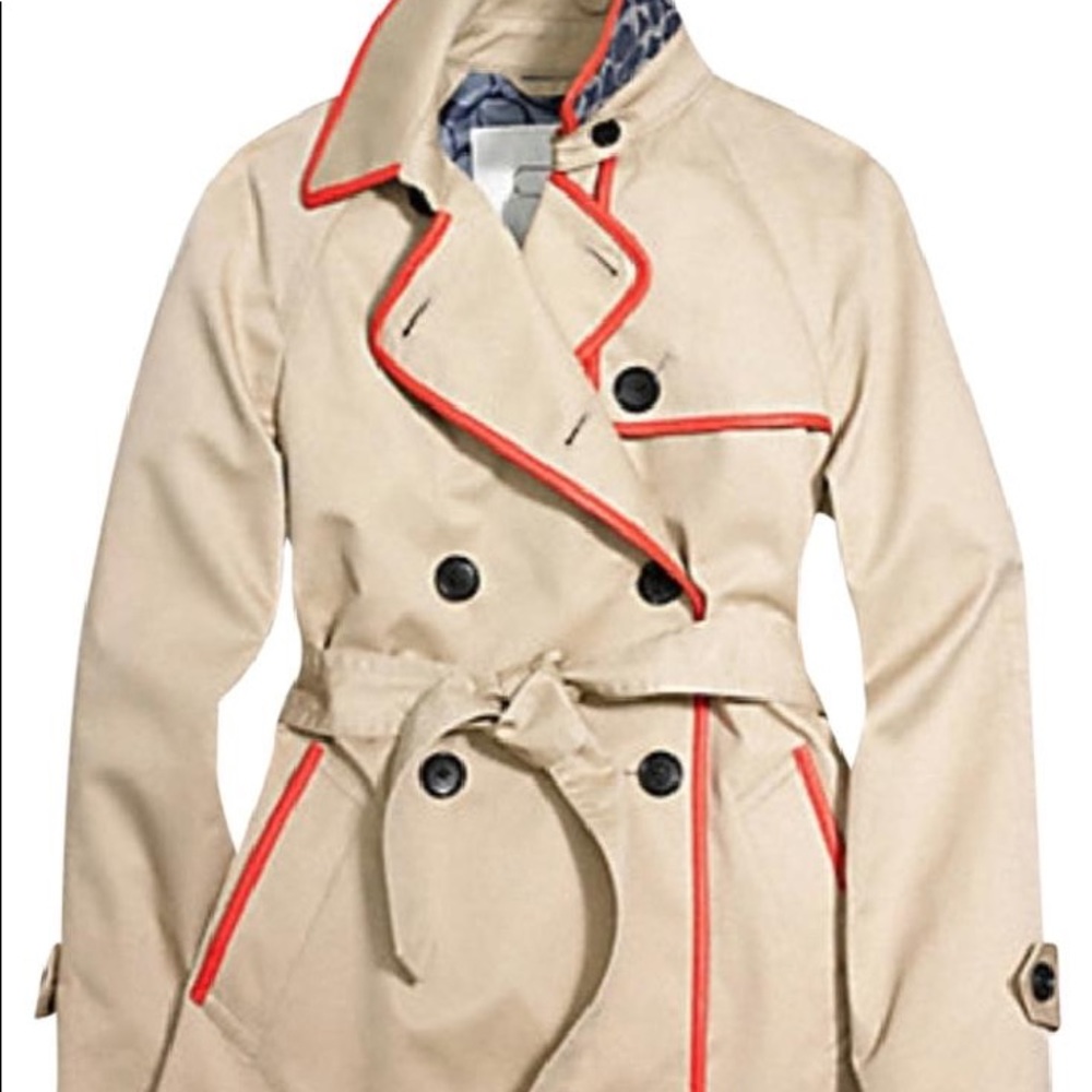 COACH Tan Trench Coat with Black Leather Accents